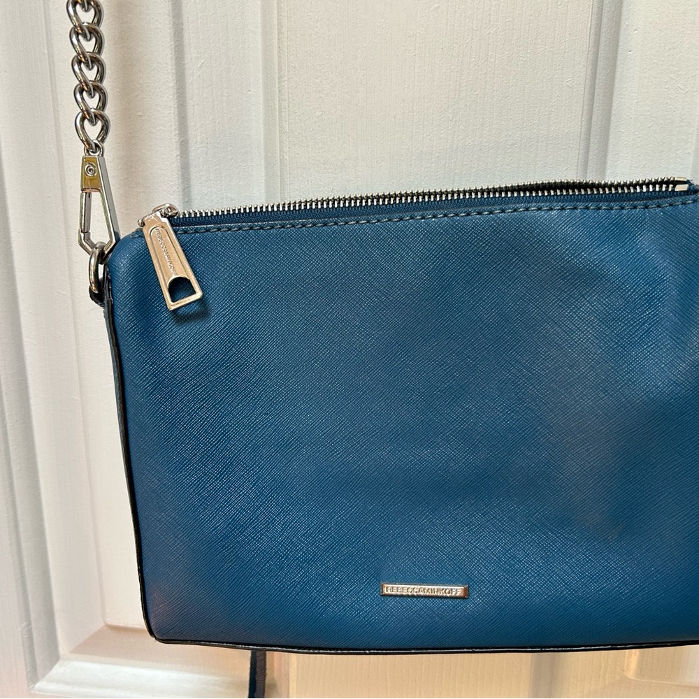 Rebecca Minkoff DkBlue LeatherCrossbody Bag w/ detachable Silver Chain strap.